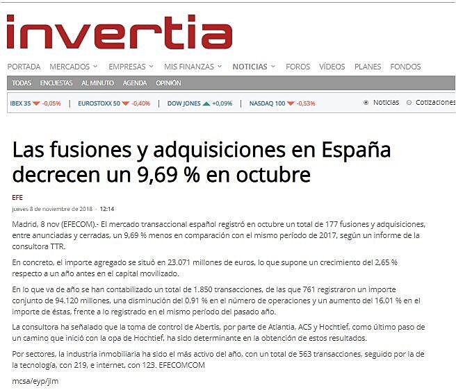 Las fusiones y adquisiciones en Espaa disminuyen un 9,69% en octubre, segn TTR